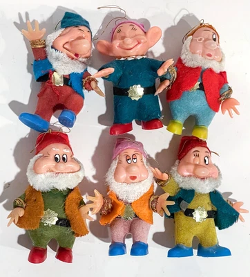 Lot of 6 DISNEY 1950s Snow White & 7 Dwarfs Flocked CHRISTMAS Ornaments Rare - Image 1 of 4