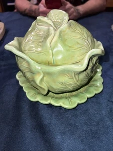 Vtg. Ceramic Holland Mold Green Cabbage Bowl and Plate With Lid - Picture 1 of 21