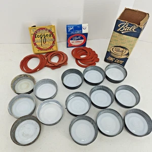 Lot of 14 Vtg Zinc Ball Jar Lids Porcelain Inserts Reg Jar Rings Cupples Wide - Picture 1 of 12