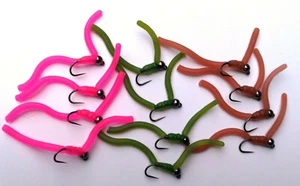 12 Squirmy Worm weighted Wormy Fly combo Hand Tied Barbless Trout Bass Pan Fish  - Picture 1 of 7