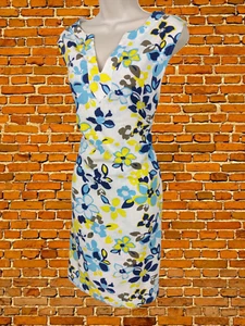 M&S COLLECTION UK 16 REG BLUE YELLOW FLORAL SLEEVELESS NOTCH NECK SHIFT DRESS - Picture 1 of 6