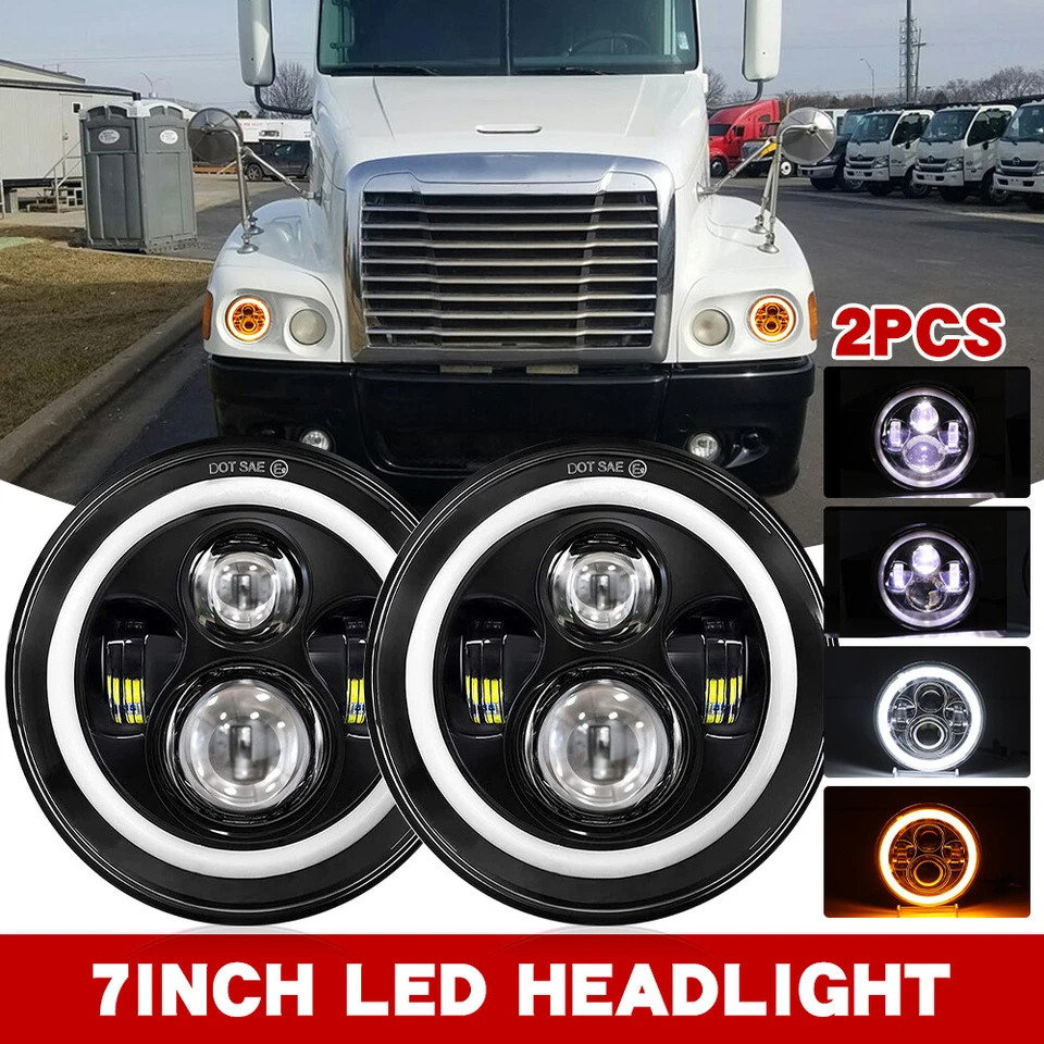 Pair 7 Inch Round Led Headlights Black For Freightliner Century Class 1996-2011 - Image 1 of 4
