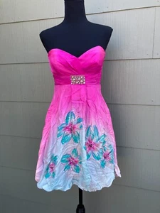 Sherri Hill silk pink & blue strapless bubble dress w/ floral print & sequins - Picture 1 of 14