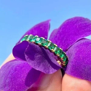 Princess Simulated Green Emerald Engagement Band Ring In 14k Yellow Gold Plated - Picture 1 of 5