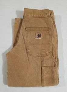 Vtg Boys 8 CARHARTT Y26 Dungaree Fit Carpenter Cotton Duck Leather Patch Pants - Picture 1 of 8