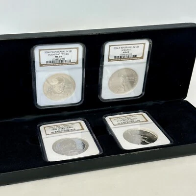 2006 Ben Franklin Commemorative Silver Dollar 4 Coin Set NGC MS/PF 69 w/ Box - Image 1 of 4