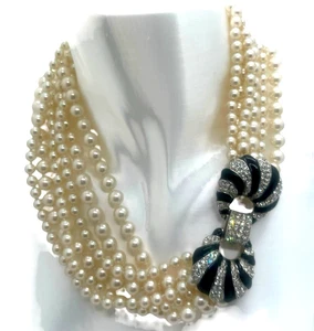 Vintage Kenneth Lane Rhinestone & Enamel Huge Clasp, 6 Strand Pearl Necklace - Picture 1 of 3