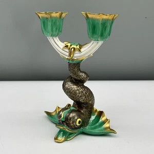 2/2 Rare GREEN Herend DOLPHIN KOI FISH Candle Holder Candlestick 7933 PORCELAIN - Picture 1 of 23