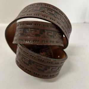 Vintage 70’s Aztec Pattern Tooled Leather Belt Size 38 Snap Off Buckle - Picture 1 of 4