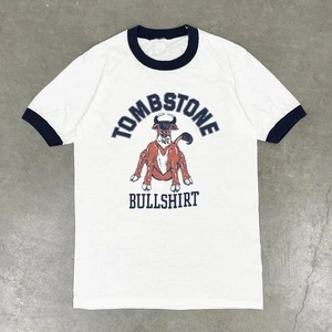 True Vintage 70s Tombstone Bullshirt Ringer Shirt Sz M Funny Varsity Made in USA - Picture 1 of 10