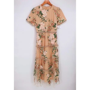 NWT Bohme Floral Embroidered Pink Green Cottagecore Bridgerton Midi Dress Sz XS - Picture 1 of 11