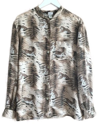 Krizia Poi Sz14 Shirt Blouse True Vintage Designer Tiger Print Silky 1980s 80s - Image 1 of 4