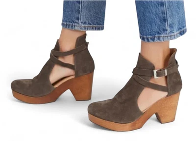 FREE PEOPLE Cedar Clogs CHUNKY WOOD HEELS Taupe Suede BOHO PLATFORM Buckle 38/8 - Image 1 of 4