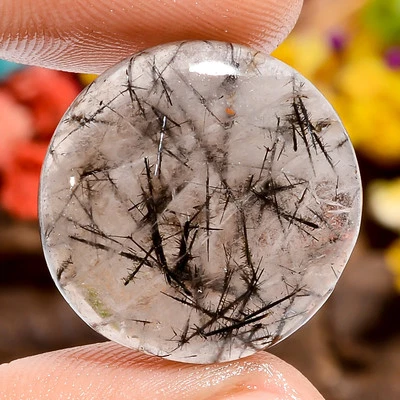 Natural Black Rutile Quartz Round Shape Cabochon Loose Gemstone 20 Ct 20X20X4 mm - Image 1 of 4