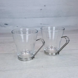 Vintage Vitrosax Set of 2 Glass Coffee Cups Mugs w Chrome Handle Base Italy - Picture 1 of 7