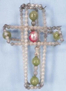Czech Beaded Christmas Ornament Cross Glass Silver Red Green Antique #4 - Picture 1 of 8
