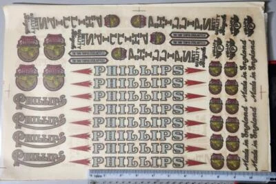 Z1)vintage England PHILIPS BICYCLE Decal Large sheet with 40+ stickers - Image 1 of 4