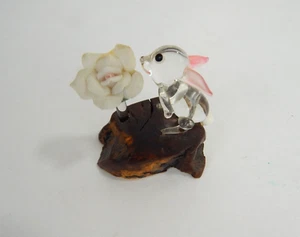 Vintage Mini Glass Pink Eared Bunny Wood Base Figurine - Picture 1 of 7