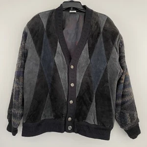 Signe Incognito Vintage Men’s Leather/Polyester Cardigan Sweater Jacket Bk/Gy XL - Picture 1 of 14