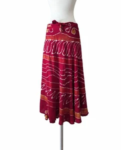 NEW Batik Wrap Skirt Midi Ethnic Flared RED ORANGE Rayon Boho Hippie ONE SIZE - Picture 1 of 6