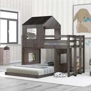 Twin Over Full House Bunk Beds with Roof and Windows Wooden Bunk Bed Frame - Picture 1 of 21