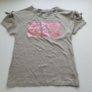 DKNY Girl's Gray Tee Pink Foil Logo Cold Shoulder Sz M