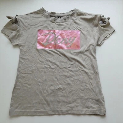 DKNY Girl's Gray Tee Pink Foil Logo Cold Shoulder Sz M - Image 1 of 4