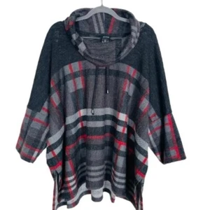 Ali Miles NWOT Brushed Plaid Drawstring Cowl Neck 3/4 Sleeve Poncho Sweater L/XL - Picture 1 of 9