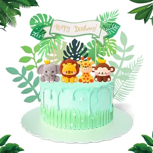 12 Pcs Jungle Safari Animal Cake Toppers with Elephant Giraffe Lion Monkey Glitt - Picture 1 of 6