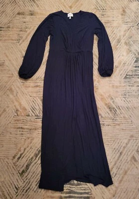 Vestido maxi elástico Haute Hippie Maya preto gola V manga longa fenda frontal pequeno - Imagem 1 de 4