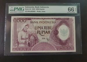 Indonesia 5000 Rupiah 1958 PMG 66 EPQ GEM UNC P#64 - Picture 1 of 2
