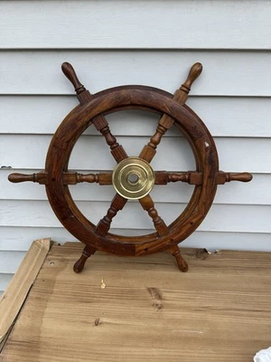 Vintage Brass And Wood Captains Wheel  For Ship 24” In Diameter X 1.75” Thick - Image 1 of 4