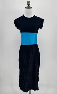 Bojeangles Damen Vintage 70er schwarz Stretch blau gestreift A-Linie Kleid Gr. 7/8 - Bild 1 von 4