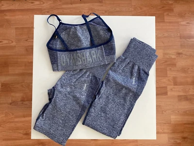 Gymshark 高腰弹性套装海军蓝 Marl/灰色打底裤短裤文胸 S 码 — 第 1/4 张图片