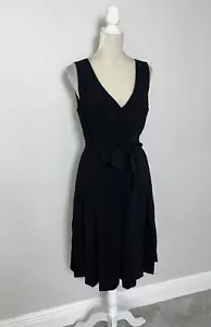 St John Caviar Sleeveless V Neck Pleated A Line Dress Belted Black New sz 10 - Picture 1 of 18