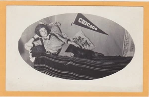 Real Photo Postcard RPPC - Reclining Woman and Chicago Pennant - Picture 1 of 1