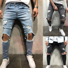 Mens Skinny Stretch Ripped Jeans Distressed Frayed Slim Fit Denim Pants Trousers