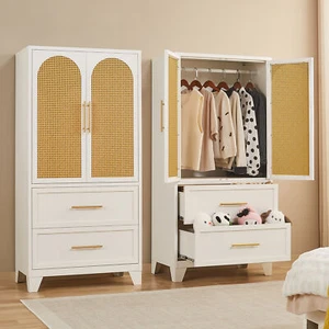 65" Steel Wardrobe Closet w/2 Drawers Hanging Rod Rattan Bedroom Armoire Closet - Picture 1 of 9