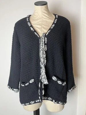 Escada Cashmere Silk Cardigan 44 US 14 Black Animal Print Ribbon Detail Pockets - Image 1 of 4