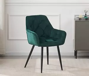 1x DEJINBU Green Velvet Armchair Dining Chair Tufted Seat Black Metal Legs - Picture 1 of 9