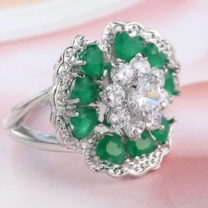 Flower Design Heart Stone Green Amethyst White Fire Topaz Silver Ring Size 6-10 - Picture 1 of 3