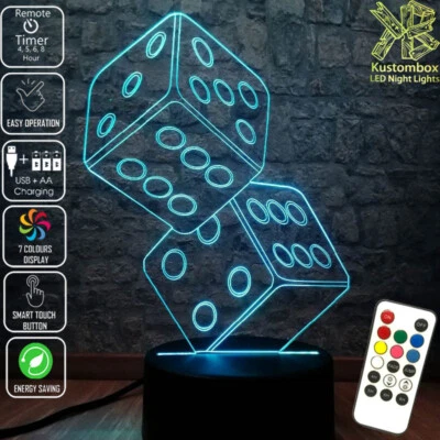 DOUBLE DICE 3D LED Night Light 7 Colour Change Room Lamp Mancave Card game - image 1 of 4
