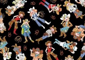 Loralie Designs - Tossed Cowgirl Black Quilting Fabric - Rope And Boots - Picture 1 of 2