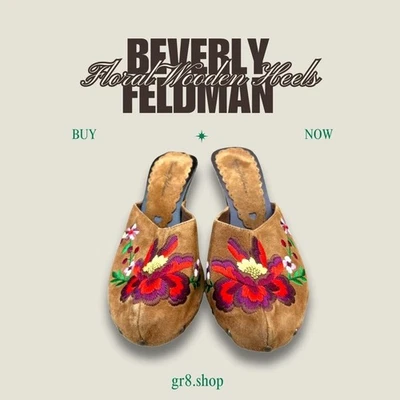 Beverly Feldman Salto Floral de Madeira Feminino Bordado Camurça Mules Tamanho 7 - Imagem 1 de 4