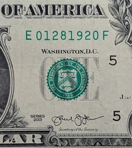 2013 $1 bill fancy serial, birthday date note January 28, 1920. E 01281920 F - Picture 1 of 3