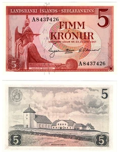 1957 Iceland 5 Kronur P37b Banknote UNC - Picture 1 of 1