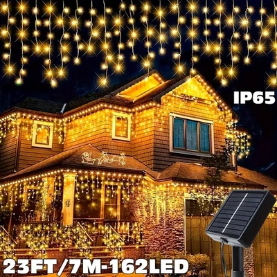 Luci Di Natale Interno Esterno Solare Tenda Cascata Bianco Caldo 7 Metri 162 LED - Immagine 1 di 4
