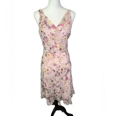 Экспресс винтажный шелк цветочный печать галстук назад колена платье фиолетовый розовый размер 10 - Изображение 1 из 4