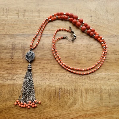 波西米亚橙色串珠项链流苏长吊坠银色声明 — 第 1/4 张图片