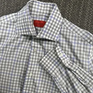 Isaia Napoli Dress Shirt Men 15.5 39 Plaid Button Up Italian Dress Cotton Luxury - Picture 1 of 20